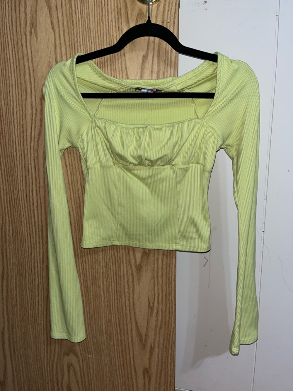Urban Outfitters Chartreuse Ribbed Square-Neck Long Sleeve Top
